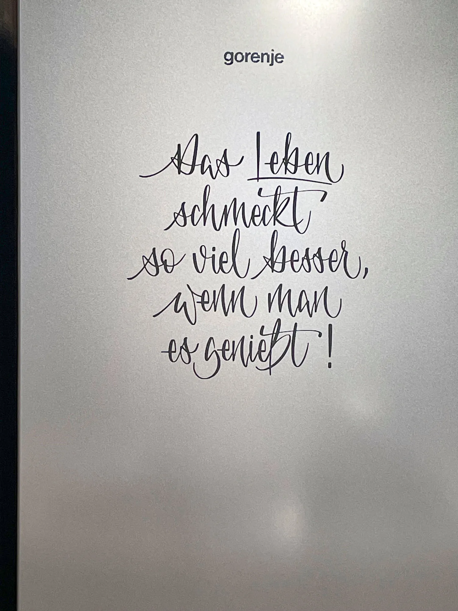Gorenje-Kühlschrank-Tür mit kalligrafischem Schriftzug zum Thema Genuss