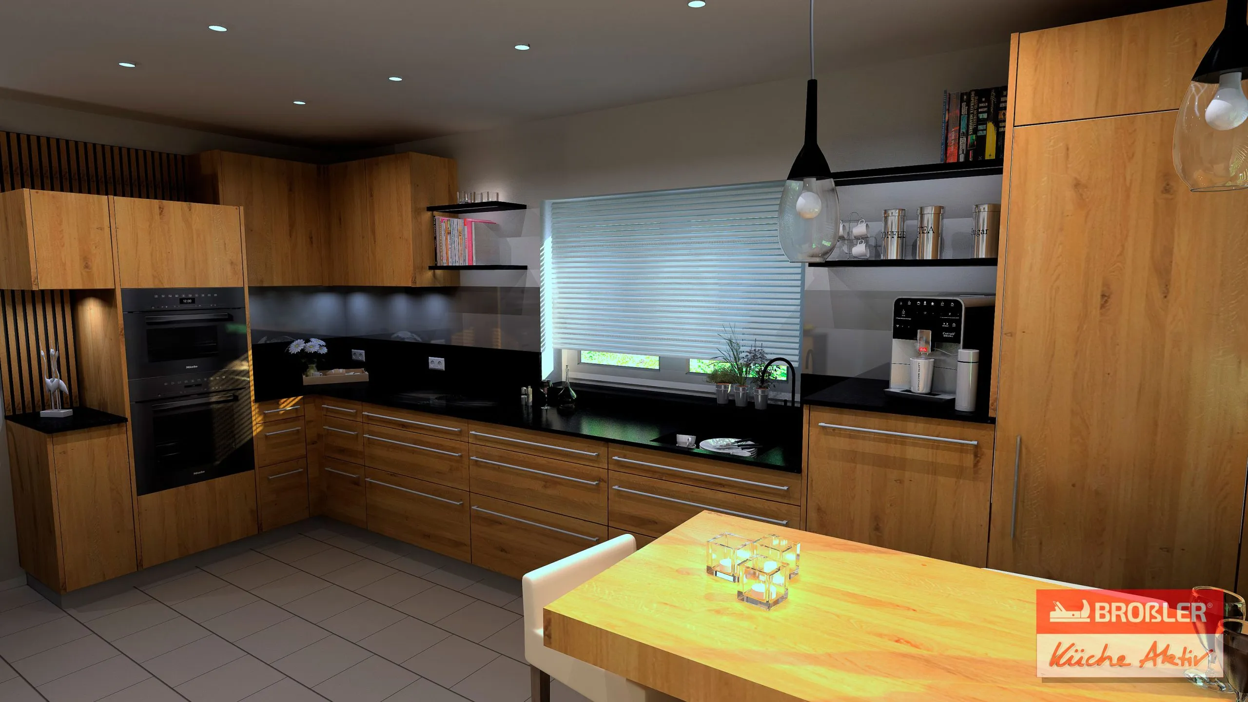 Planungs-Visualisierung: L-Küche in Eichenholz mit Backofen, Side-by-Side-Kühlschrank und Esstisch