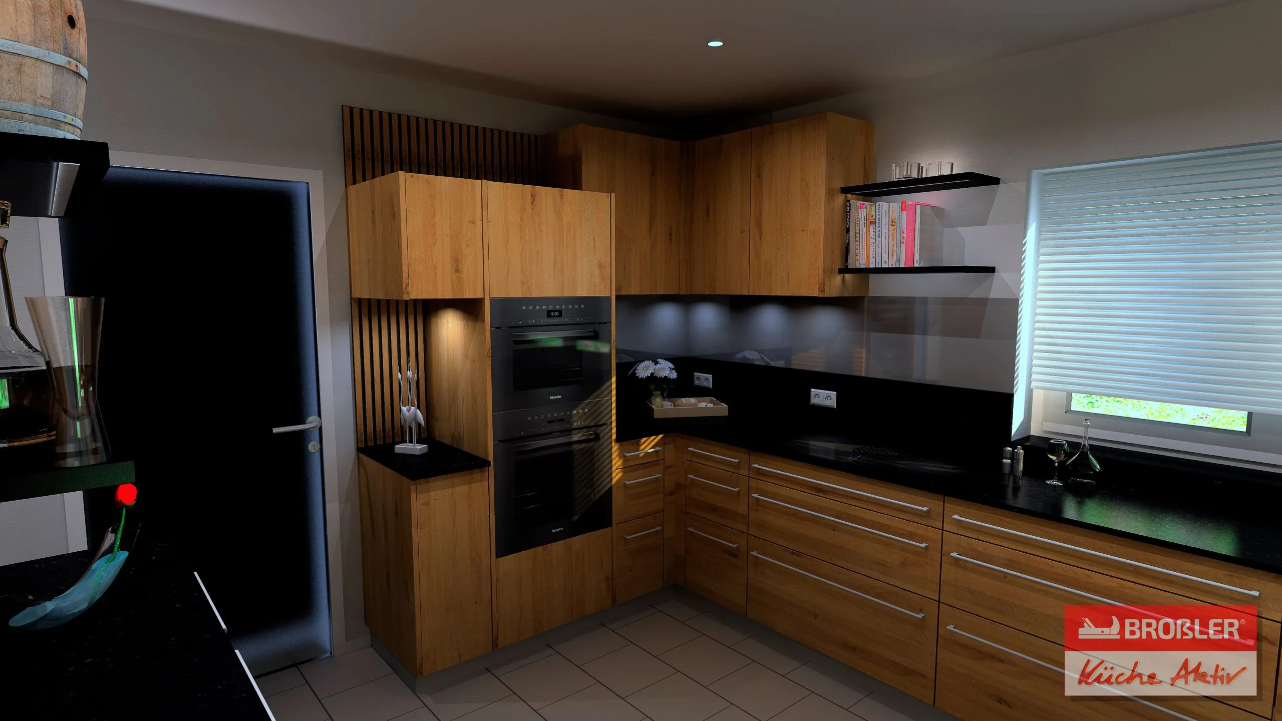 Planungs-Visualisierung: Eichenholz-Küche mit Backofen, Glas-Rückwand und LED-Beleuchtung