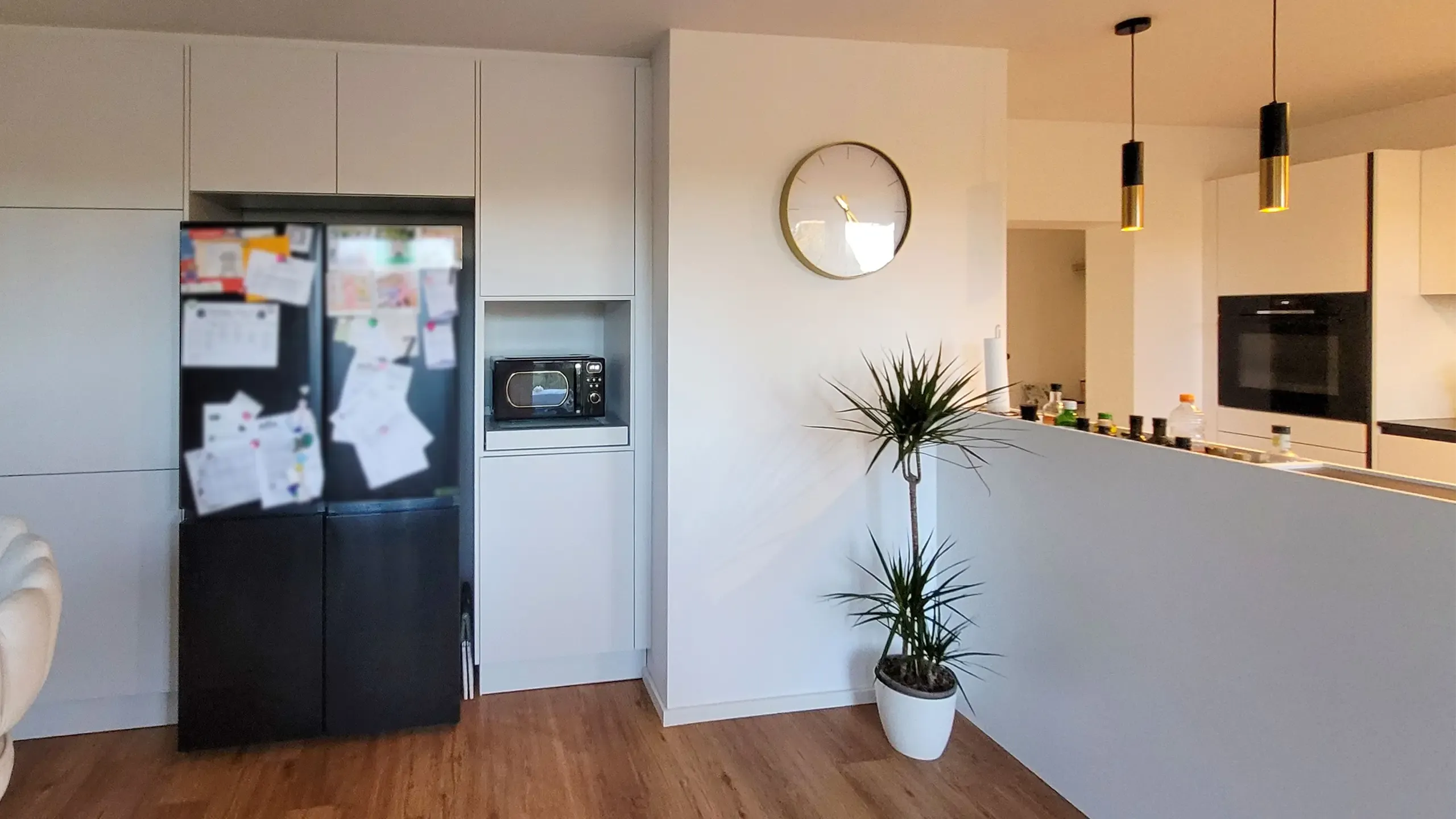 Eingangsblick in eine weiße Küche mit Bartheke, Side-by-Side-Kühlschrank und großer Pflanze.